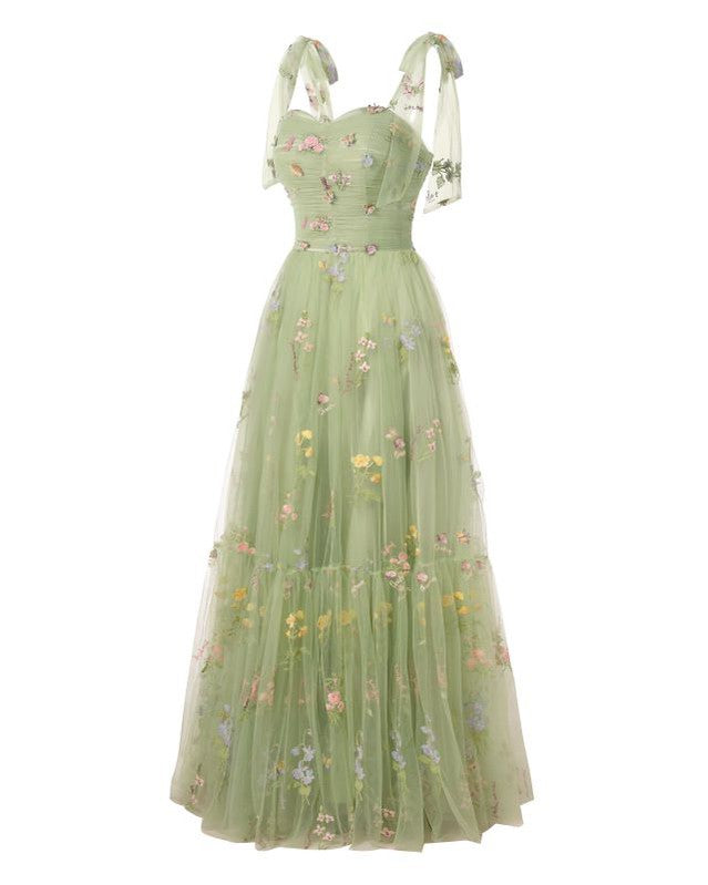 Cute Floral Green A-line Maxi Long Party Prom Dresses,Evening Dress,13520