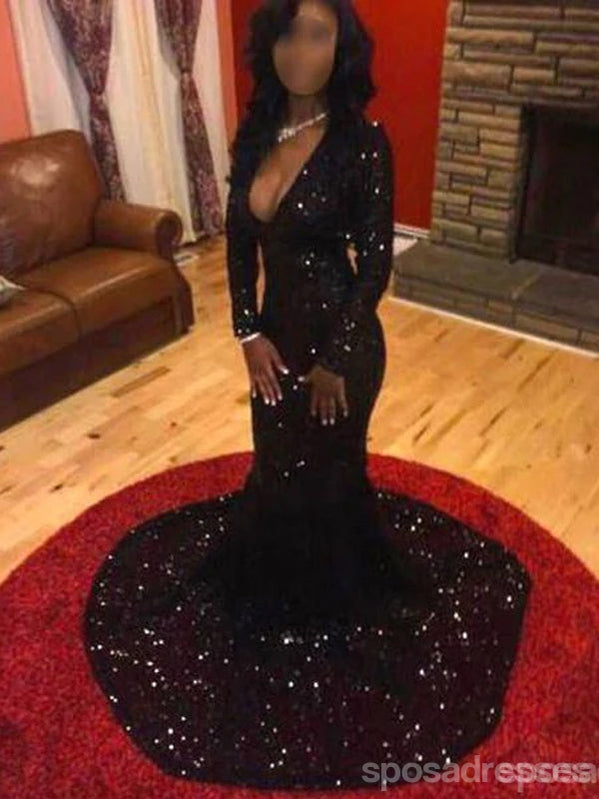 Μαύρο Πούλιες Μακρύ Βραδινό Φόρεμα, Μαύρο 2017 Χορό Φόρεμα, Μακρύ μανίκι Φόρεμα Βραδιού, Sparkly Φόρεμα Prom, Απλό Φόρεμα Prom, 17019