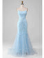 Floral Blue Mermaid Spaghetti Straps Maxi Long Party Prom Dresses,Evening Dress,13489