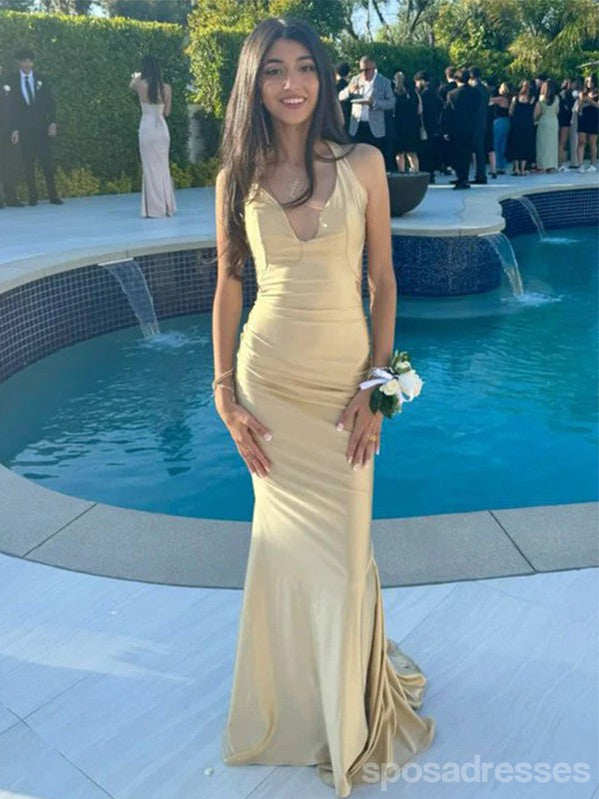 Sexy Champagne Mermaid Halter V-neck Cheap Long Prom Dresses,13043