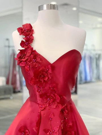 Red A-line Floral One Shoulder Short Homecoming Dresses,Short Prom Dresses,CM959