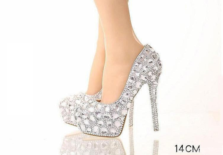 High Heels Handmade Fully Rhinestone Pointed Toe Crystal Wedding Shoes, S031