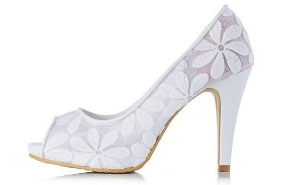 Lace Fish Toe White High Heels Wedding Bridal Shoes, S015