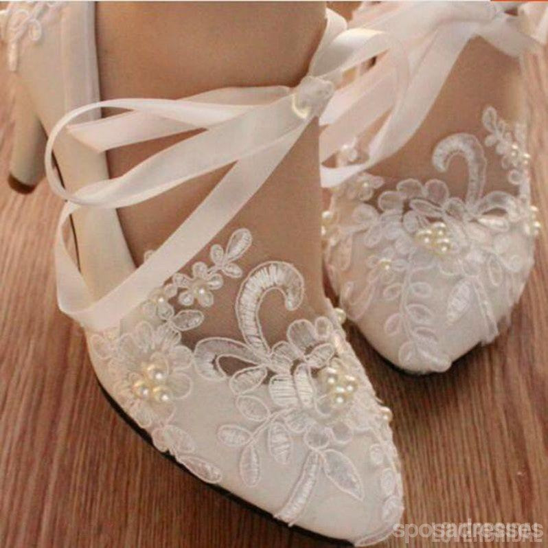 Lace Pearls Pointed Toes Women Wedding Shoes With Ribbons Lace Up, S018