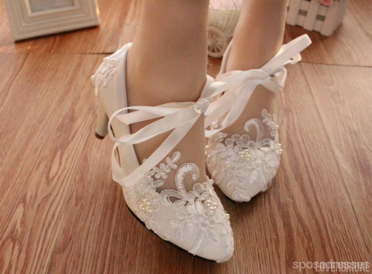 Lace Pearls Pointed Toes Women Wedding Shoes With Ribbons Lace Up, S018