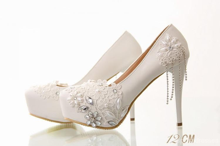 Lace Pearls Women Wedding Bridal Shoes With Pointed Toes, S019