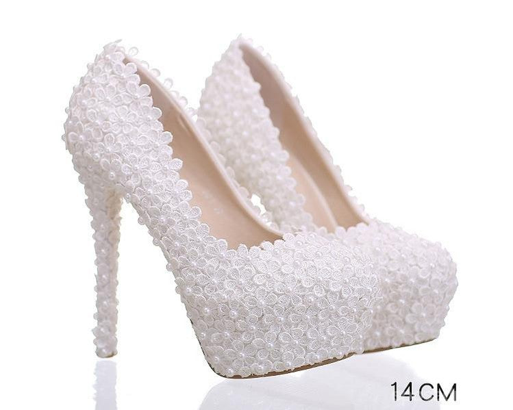 Pearls Lace Pointed Toe White High Heels Wedding Bridal Shoes, S016