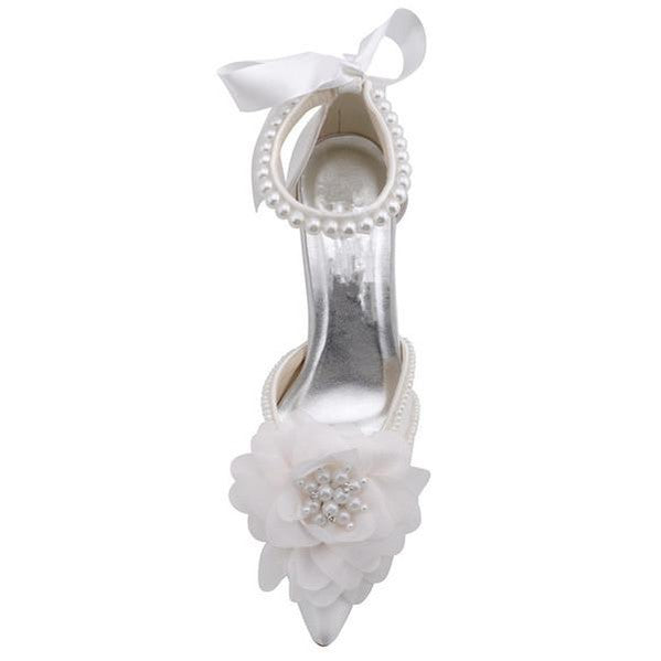 Pearls Women Wedding Shoes With Ribbons Lace Up Party Shoes Pointed Toes, S030