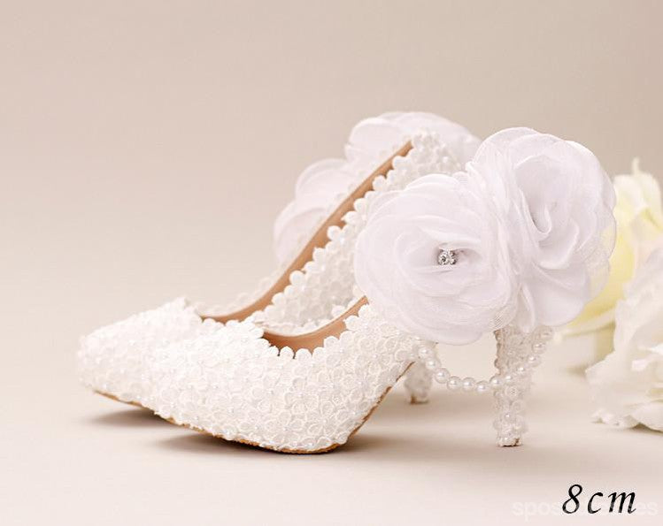 Pointed Toe Lace Pearls Wedding Shoes With Handmade Flowers, S033