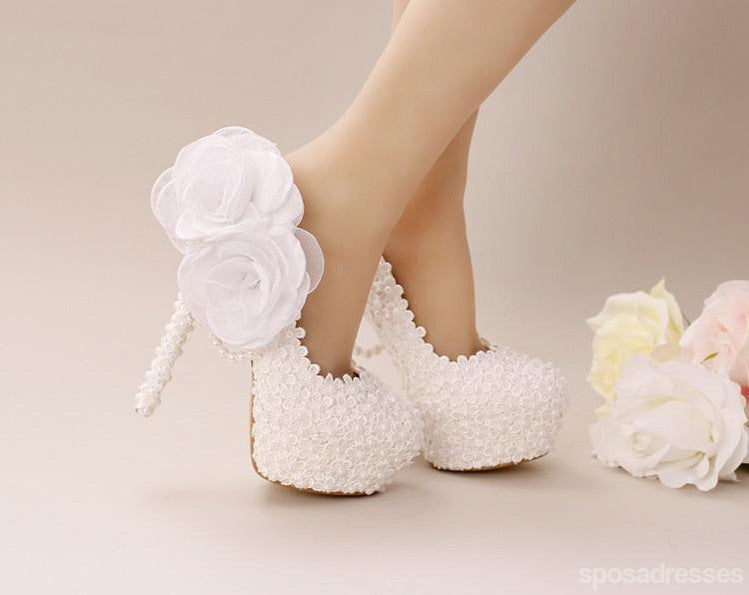 Pointed Toe Lace Pearls Wedding Shoes With Handmade Flowers, S033