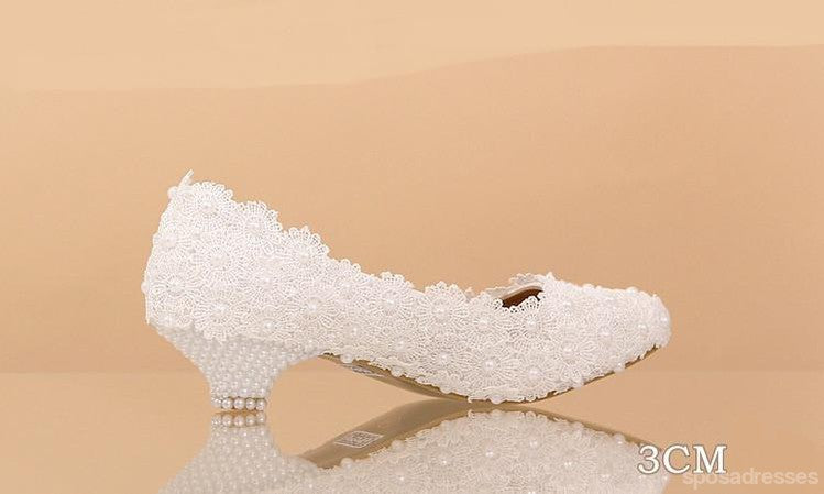 Pregnant Flat Heels Pearls Lace Pointed Toe White Wedding Bridal Shoes, S017