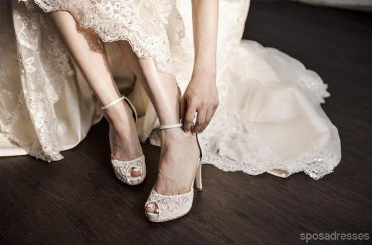 See through Ivory Lace Women's High Heels Fish Toe Wedding Shoes, S009