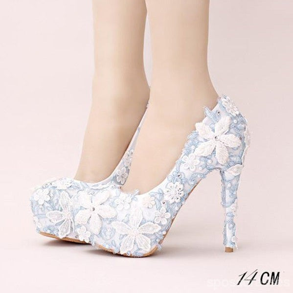 Handmade High Heels Round Toe Blue Lace Crystal Wedding Shoes, S0040