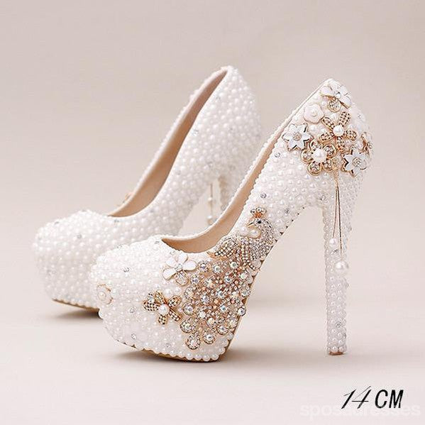 Handmade High Heels Round Toe Pearls Crystal Wedding Shoes, S0038