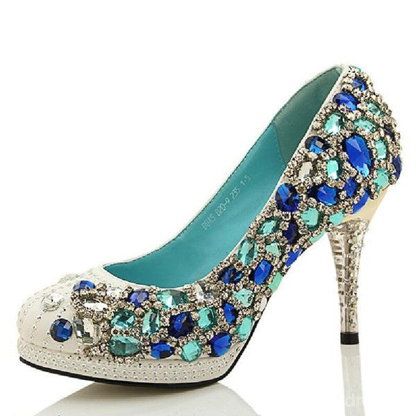 Four Colors Handmade Rhinestone High Heels Pointed Toe Crystal Wedding Shoes, S028