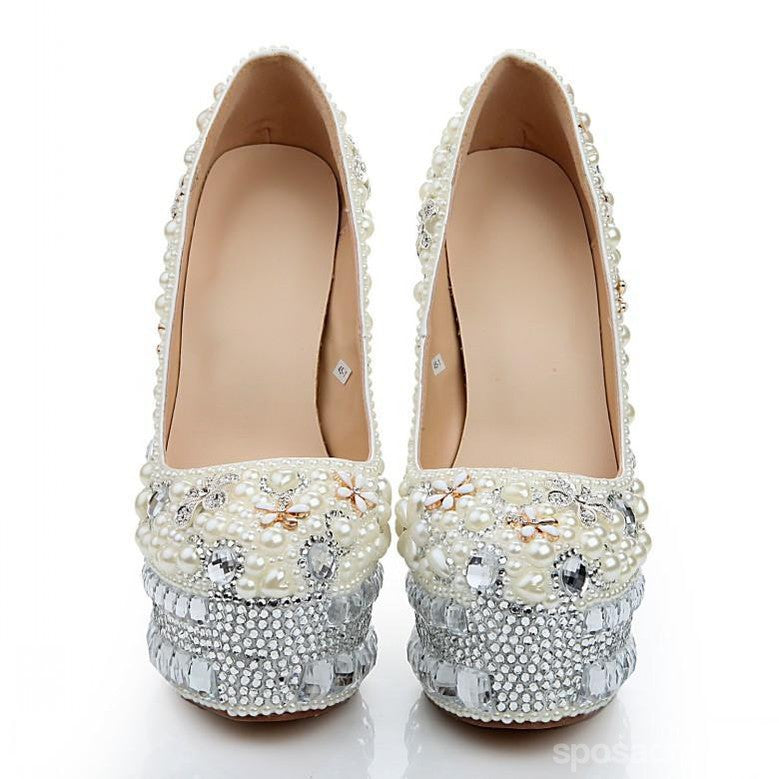 Super High Heels Handmade Pearls Rhinestone Pointed Toe Crystal Wedding Shoes, S032