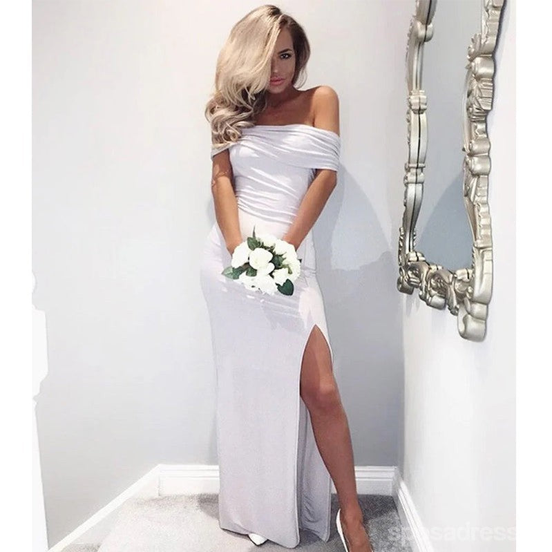 Simple White Mermaid Off Shoulder Side Slit Maxi Long Bridesmaid Dresses For Wedding Party,WG1870