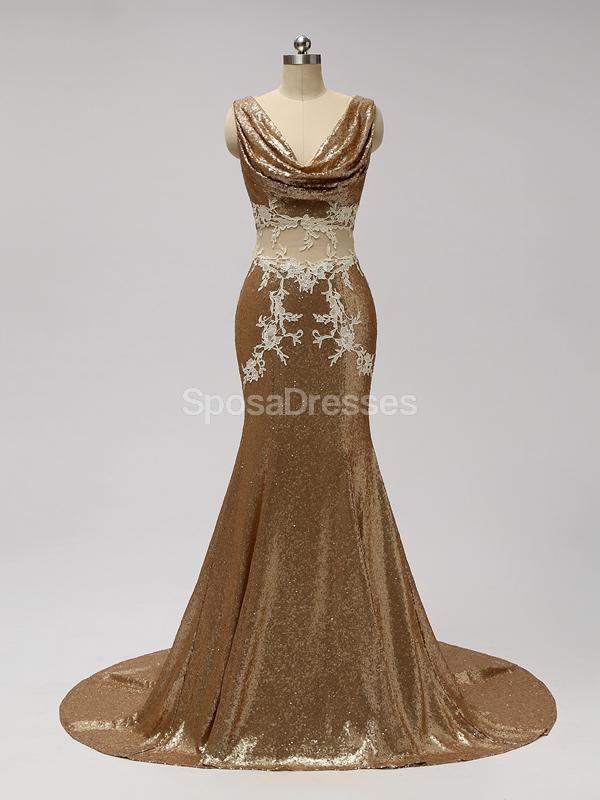 V Neck ver através de lantejoulas de ouro sereia baratos dama de honra vestidos on-line, WG599