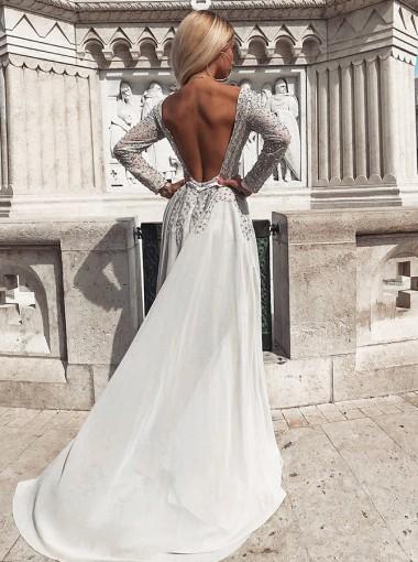 Long Sleeves Backless Grey Lace Beaded Cheap Evening Prom Vestidos, Custom Custom Sweet 16 Vestidos, 18478