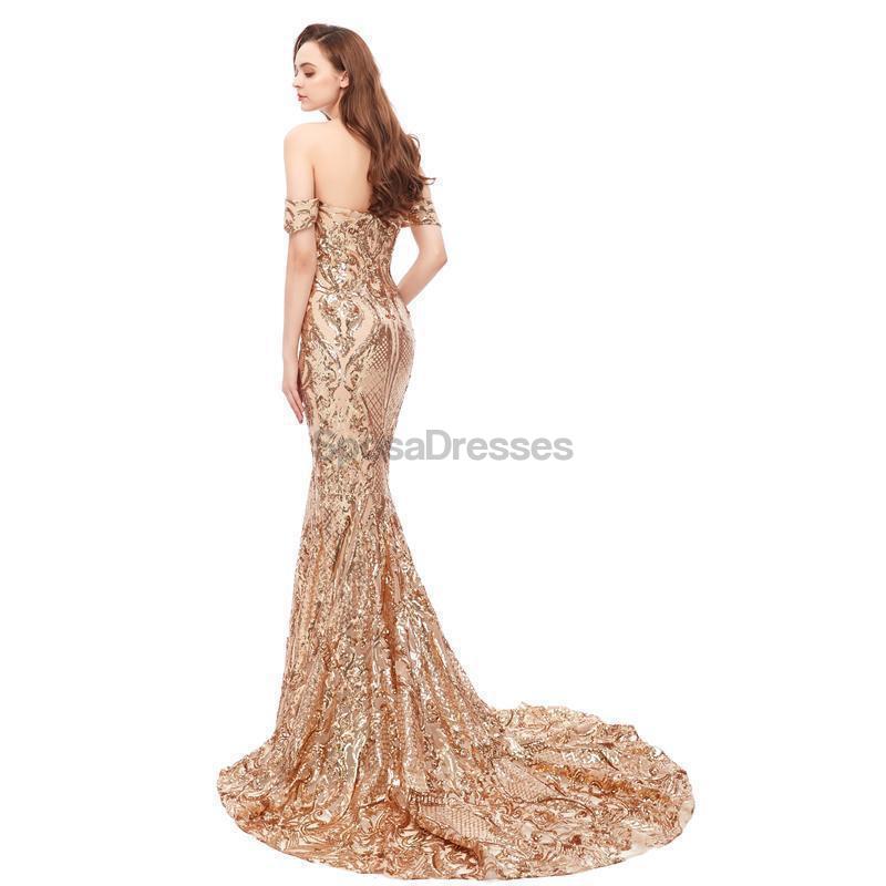 Fora do ombro Sparkly Gold Sequin Mermaid Evening Prom Dresses, Evening Party Prom Dresses, 12105