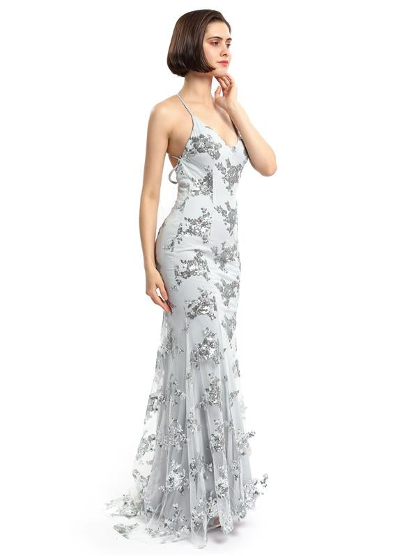 Sequin Grey Straps Mermaid Cheap Evening Prom Dresses, Sweet 16 Dresses, 18302