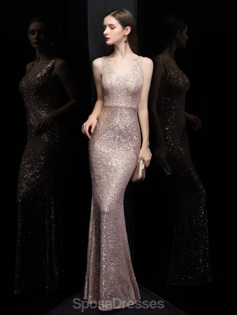 Sexy Mermaid V Neck Champagne Gold Long Soirée Prom Dresses, Soirée Prom Dresses, 12319
