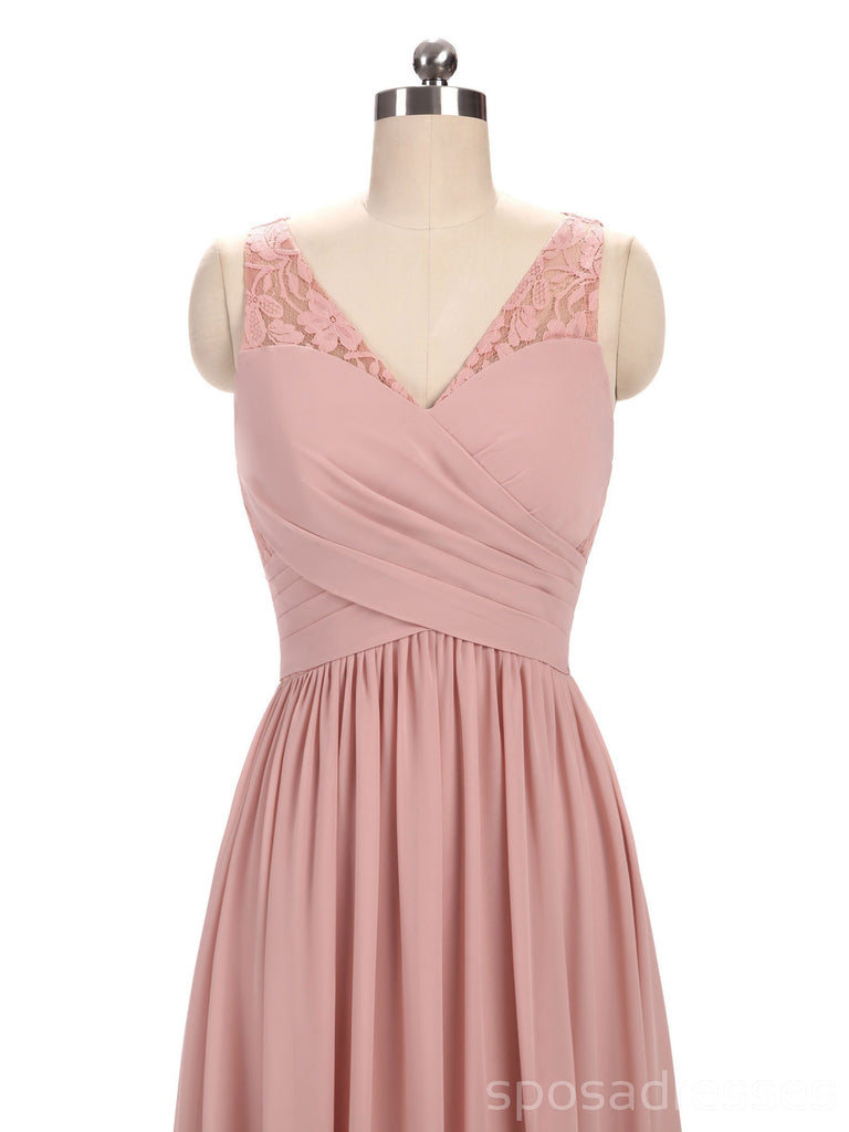 Dusty Pink V Neck Lace Straps Long Chiffon baratos dama de honra vestidos on-line, WG280