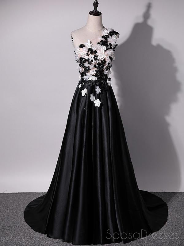 One Shoulder Handmade Flower Black A-line Long Evening Prom Dress, 17624