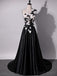 Une épaule fleur faite à la main A-ligne noire longues robes de bal d'étudiants du soir, 17624