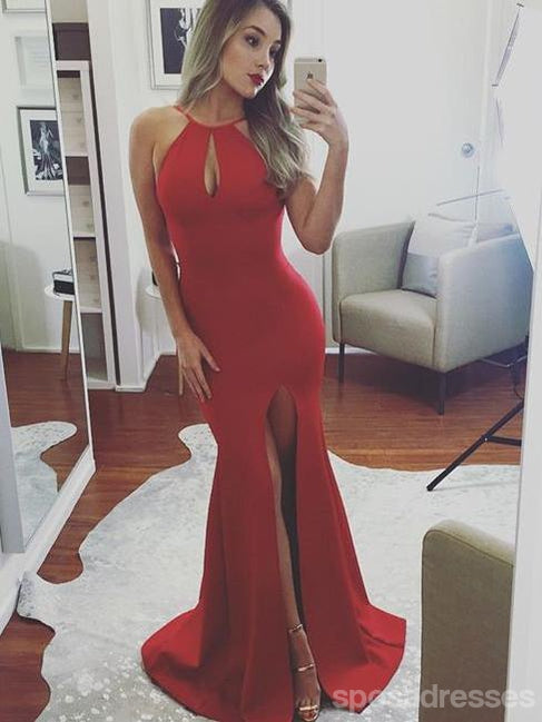 Sexy Backless Side Slit Red Mermaid Red Long Cheap Evening Prom Dresses, 17535
