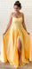 Einfache gelbe Seitenschlitz A-Linie Spaghettiträger Lange Abend Abendkleider, Abendparty Abendkleider, 12195