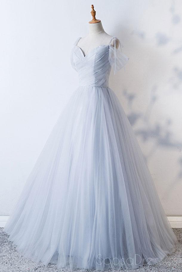 Hors épaule Tulle bleu pâle A-ligne longues robes de bal de soirée, robes de bal personnalisées à bas prix, 18626