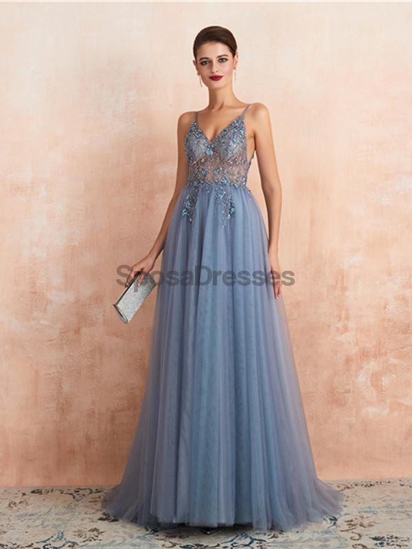 Spaghetti Straps See Through Beaded A-line Long Evening Prom Robes, Evening Party Prom Dresses, 12135