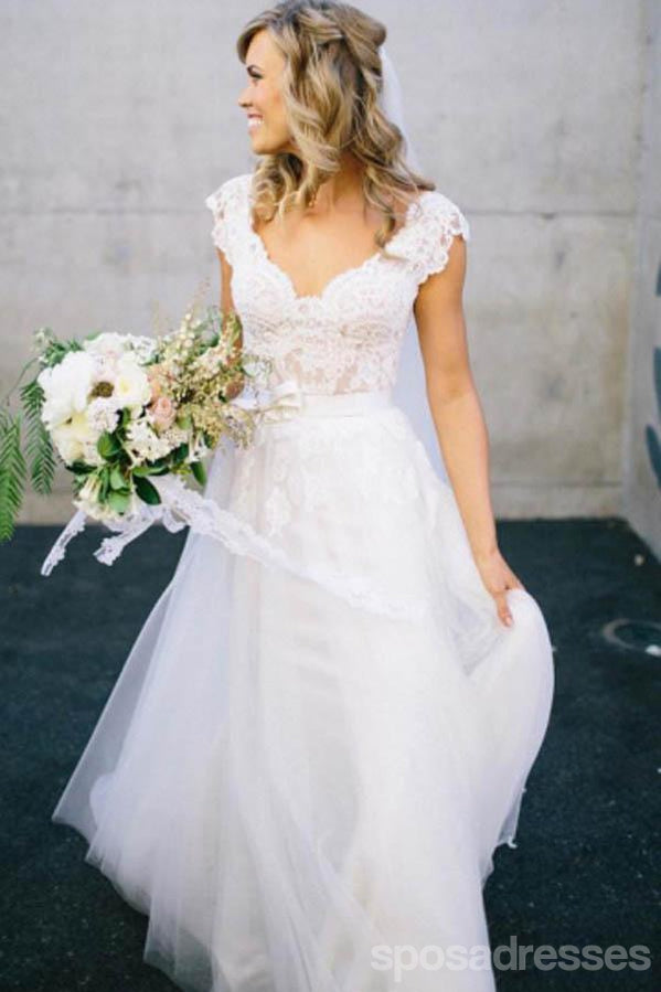 V Neck Lace Cap Sleeves Cheap Custom Long Wedding Bridal Dresses, WD289