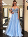 Off Shoulder Beading Blue A-line Custom Long Evening Prom Dresses, 17384