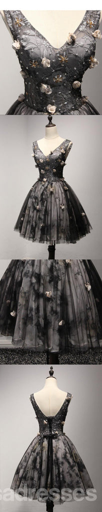 V Neckline Short Black Lace Homecoming Prom Dresses,  Little Back Dress,  CM205