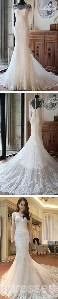 Υψηλής Ποιότητας Custom Μακρύ Μανίκι Σέξι Γοργόνα Άσπρη Δαντέλα διακοσμημένα με Χάντρες Γαμήλια Φορέματα Κόμματος, WD0011