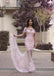 Μακρύ Μανίκι με Ροζ Δαντέλα Γοργόνα Φορέματα Prom Βραδιού, Προκλητικός Δείτε Μέσω του Κόμματος Prom Φόρεμα Συνήθειας Μακριά Φορέματα Prom, Φτηνές Επίσημα Φορέματα Prom, 17042