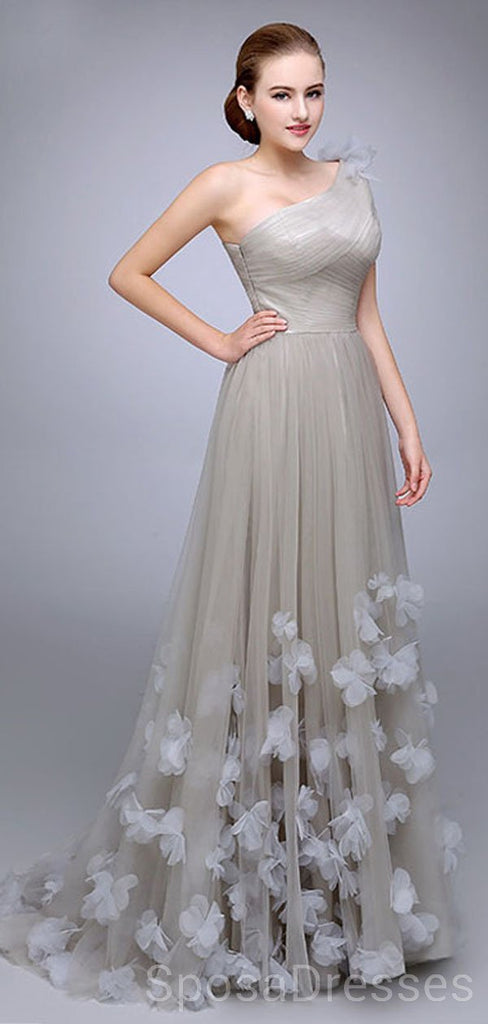 One Shoulder Grey Tulle Long Sexy Evening Prom Dresses, Cheap Custom Sweet 16 Dresses, 18507