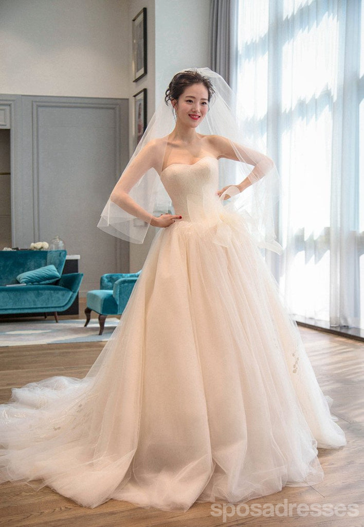 Tulle Simpless Uma linha Long Tail Wedding Dresses, vestidos de casamento longos personalizados, vestidos de casamento baratos, WD208