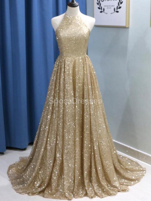 Sparkly Gold Sequin A-line Long Evening Prom Vestidos, Noite Party Prom Vestidos, 12295