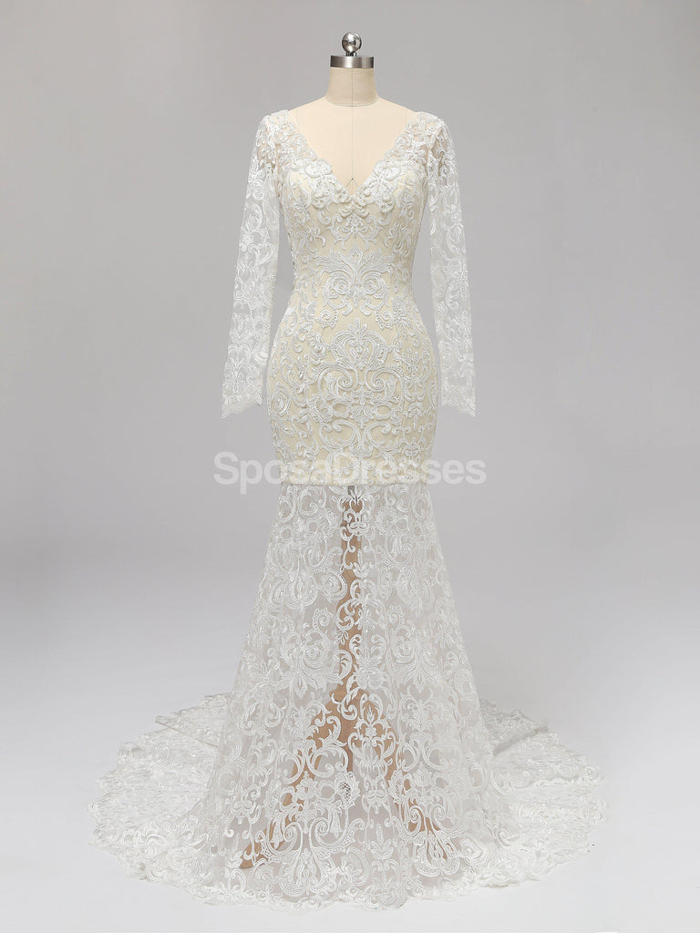 Long Sleeves Backless Lace Mermaid Wedding Dresses Online, Cheap Unique Bridal Dresses, WD585