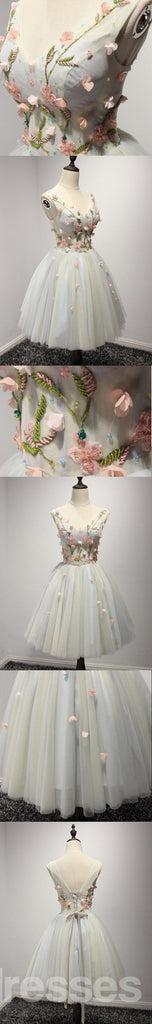 V ντεκολτέ σύντομη Tulle Homecoming Prom φορέματα, λουλούδι σύντομη κόμμα Prom Φορέματα, τέλεια Homecoming Φορέματα, CM206