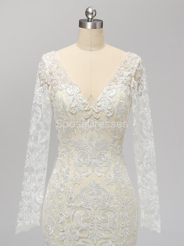 Γαμήλια φορέματα με γοργόνα με μακριά μανίκια χωρίς δαντέλα σε απευθείας σύνδεση, φθηνά μοναδικά νυφικά, WD585