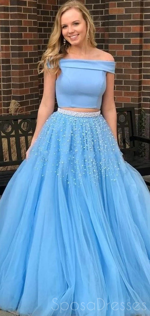 Two Pieces Off The Shoulder Blue Long Prom Dresses, Sweet 16 Prom Dresses, 12512