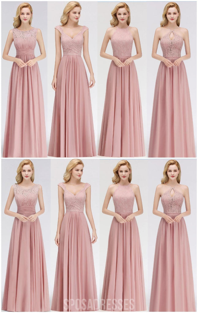 Blush Pink Lace Floor Length Missatched Chiffon Bridesmaid Dresses Online, WG542
