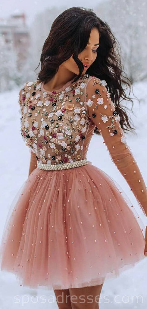 Μακρυμάνικα Beaded Ροδάκινο Homecoming Φορέματα Online, Φθηνά Κοντά Φορέματα Prom, CM749