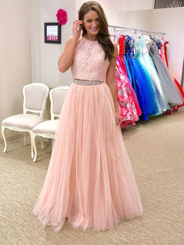 2018 Μόδα Δύο Κομμάτια Halter Ανοιχτό Ροζ Δαντέλα Μακρύ Βράδυ Prom Φορέματα, 17355