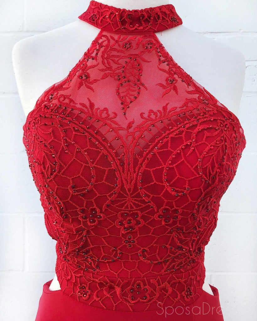 Sexy Red Lace Halter sem encosto Sereia Longa Noite Vestidos de Baile, 17552