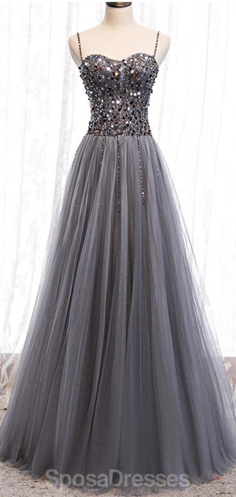 Bretelles spaghetti gris strass perlé A-ligne longues robes de bal de soirée, robes de soirée de bal, 12330